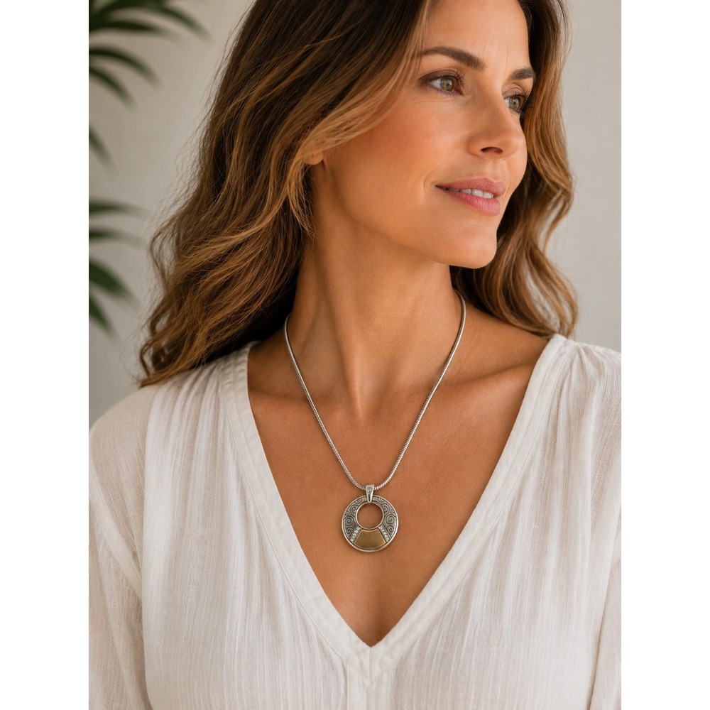 Brighton Wiltern Reversible Pendant Necklace Silver Tone Black Enamel & Gold